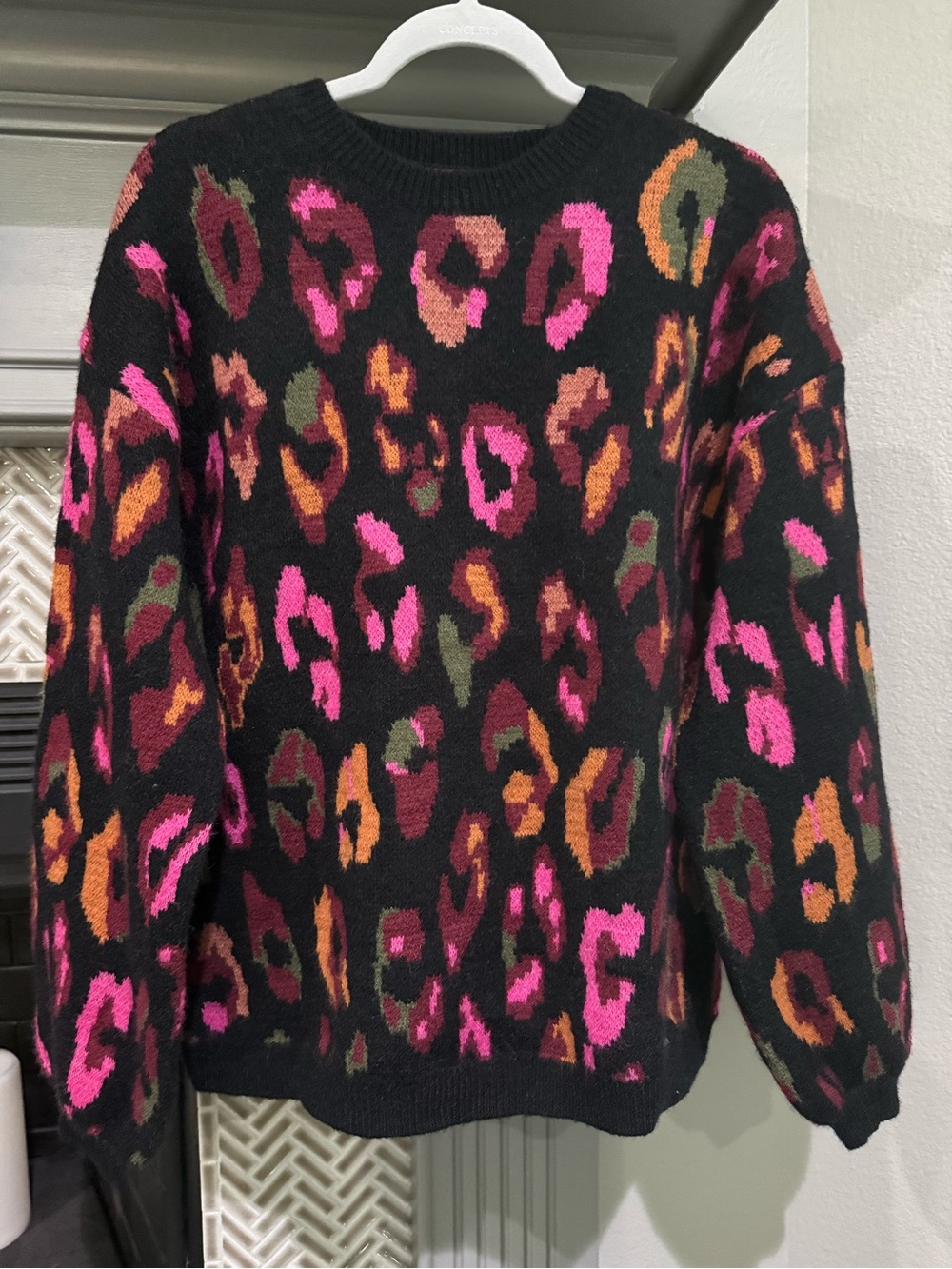 entro Black Crewneck Sweater with Pink & Orange Leopard Print